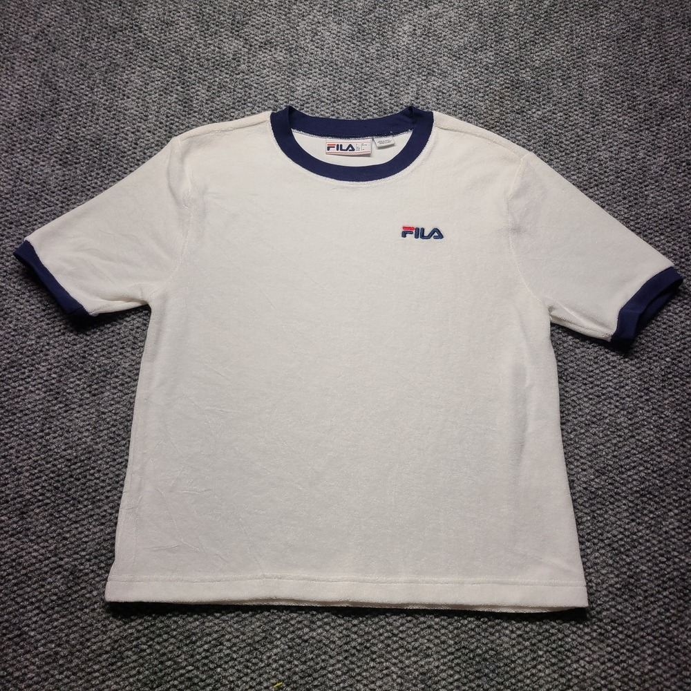 Vtg FILA Lyra Terry Logo Ringer T-Shirt Unisex Adult L White Contrasting Neck